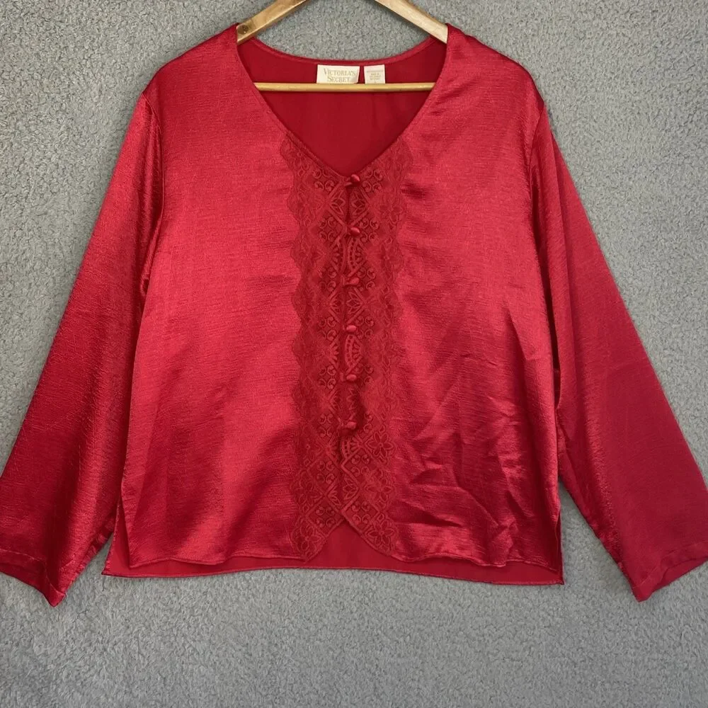 Vintage Victoria’s Secret Gold Label Red Pajama Set L/S Satin Pants Sz Large
